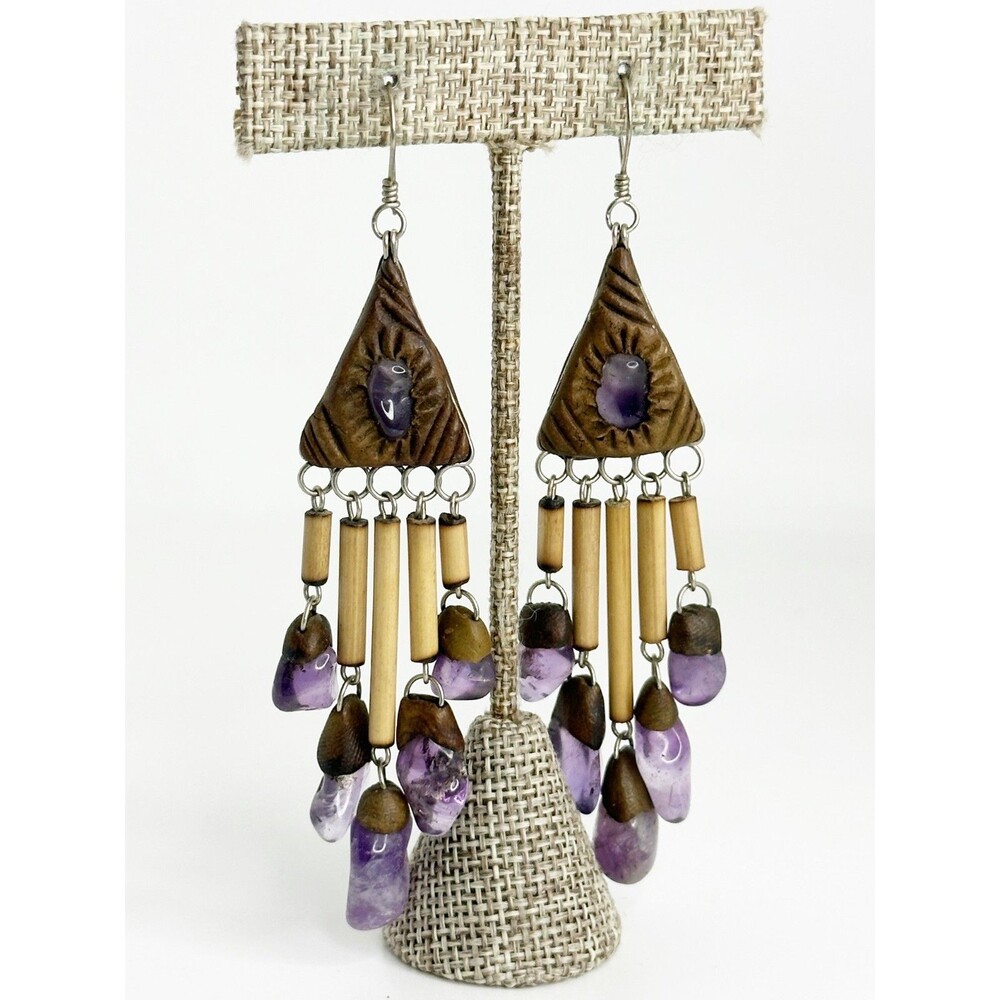Artisan Boho Dangle Peruvian Style Purple Gemstone Nugget Bamboo Earrings